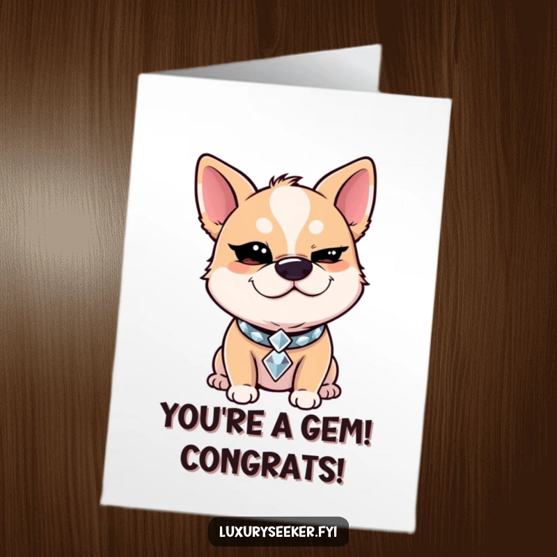 Funny Free Printable Congrats Card: a giggling dog with a diamond collar gives a sly wink, celebrating their achievement in style.