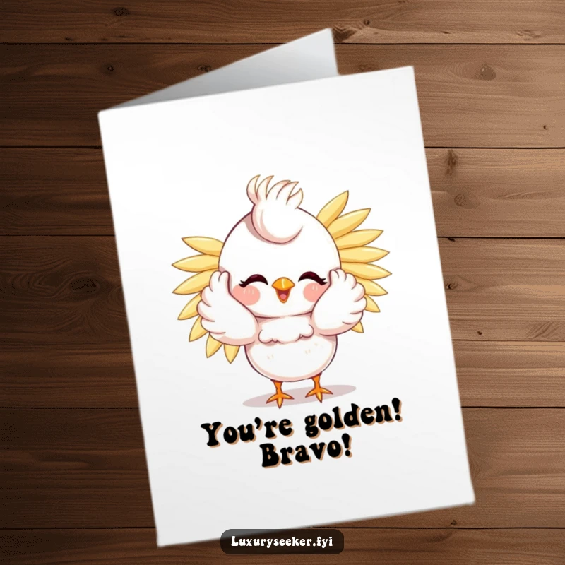 Funny Free Printable Bird Congratulations Card: A proud bird showing off its shiny golden feathers after a big win.