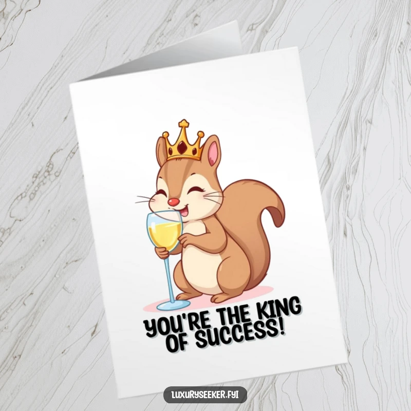 Funny Free Printable Congrats Card: Royal squirrel toasting with champagne, celebrating success with regal charm.