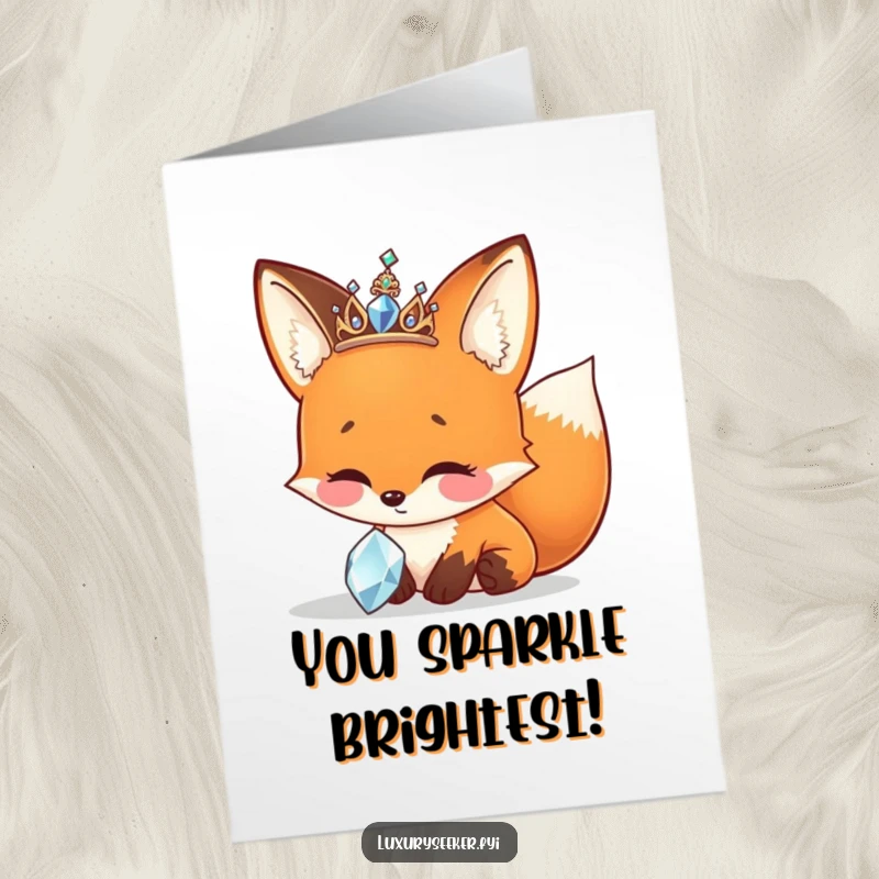 Funny Free Printable Congrats Card: Cheerful fox in a sparkly tiara admires a jewel, celebrating your win fabulously.