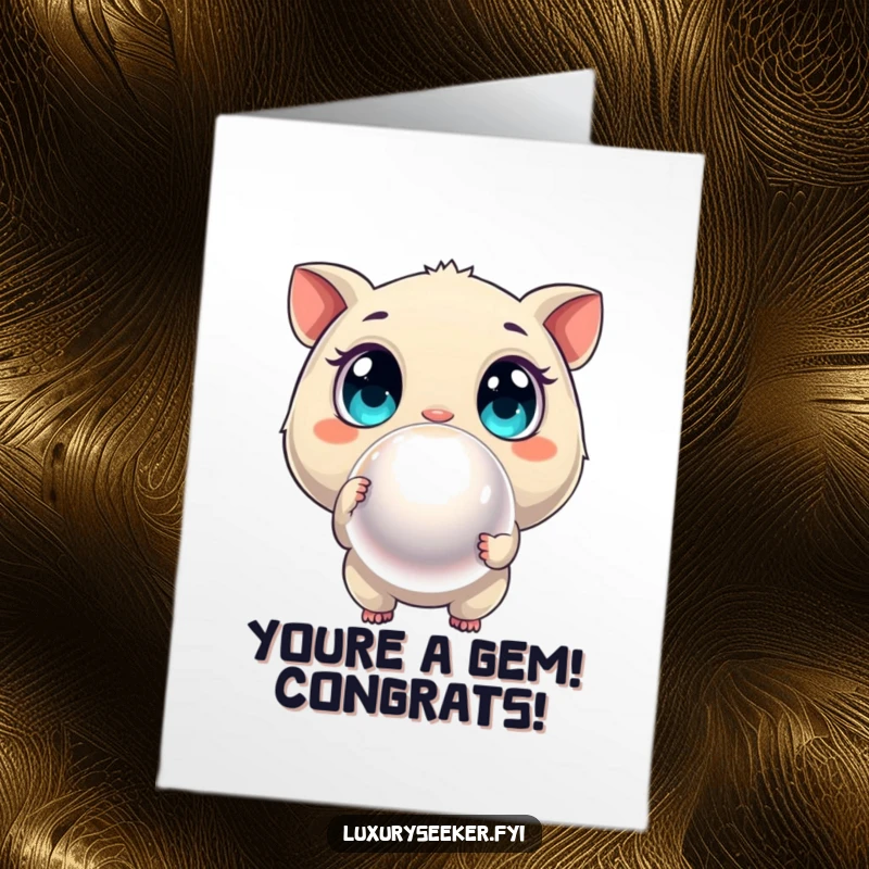 Funny Free Printable Congratulations Card: Curious creature pointing at a large shimmering pearl, celebrating a valuable success.