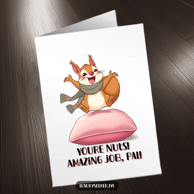 Funny Free Printable Congratulations Card: A squirrel in a stylish scarf joyfully lands on a velvet cushion, celebrating achievements.