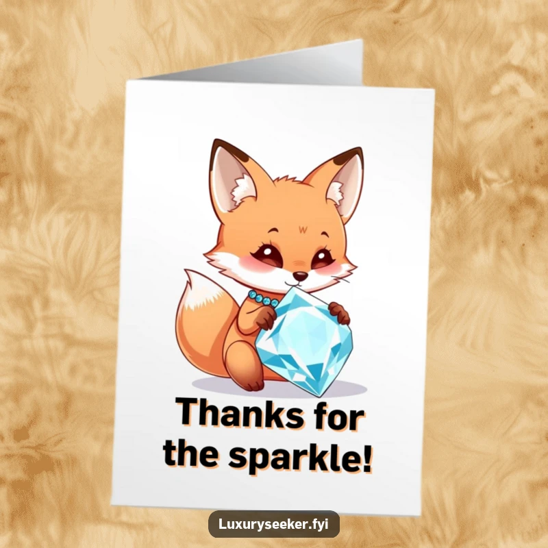 Funny Free Printable Thank You Card: A fox gazing at a huge, dazzling diamond necklace.