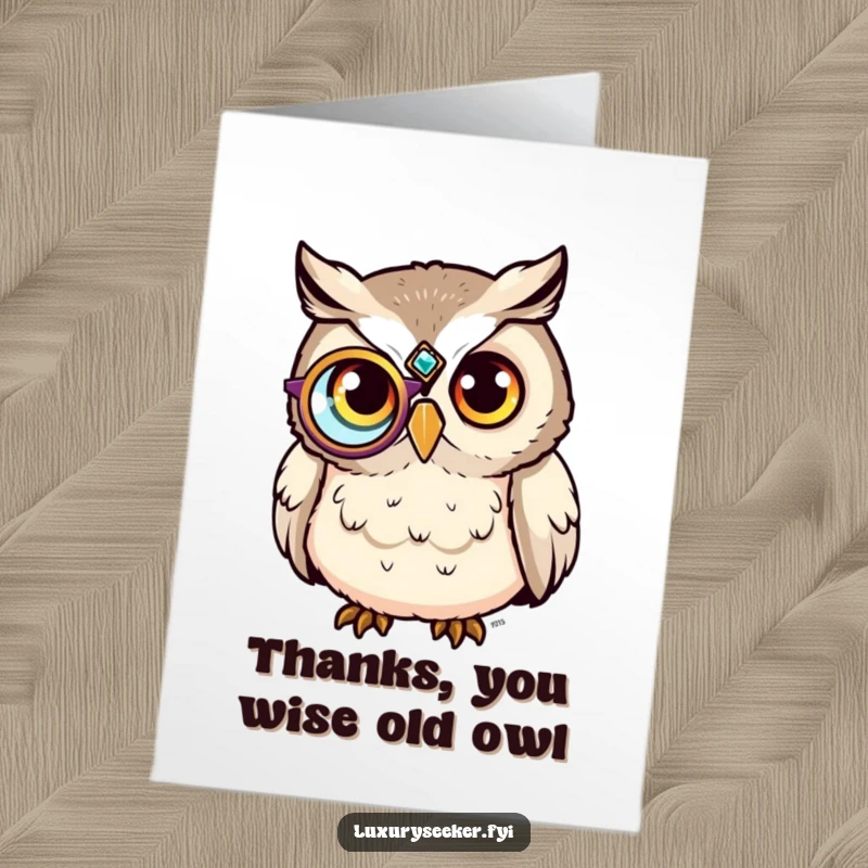 Funny Free Printable Thank You Card: Sophisticated owl with a jeweled monocle offers a refined and humorous thank you.