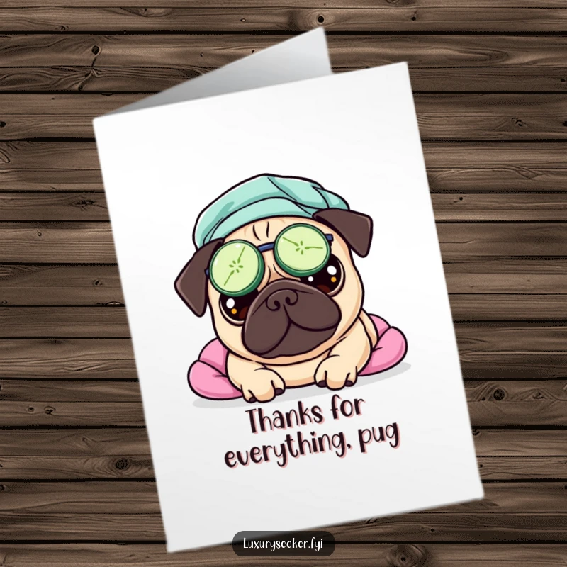 Funny Free Printable Thank You Card of a pug enjoying a spa day with cucumbers on its eyes.
