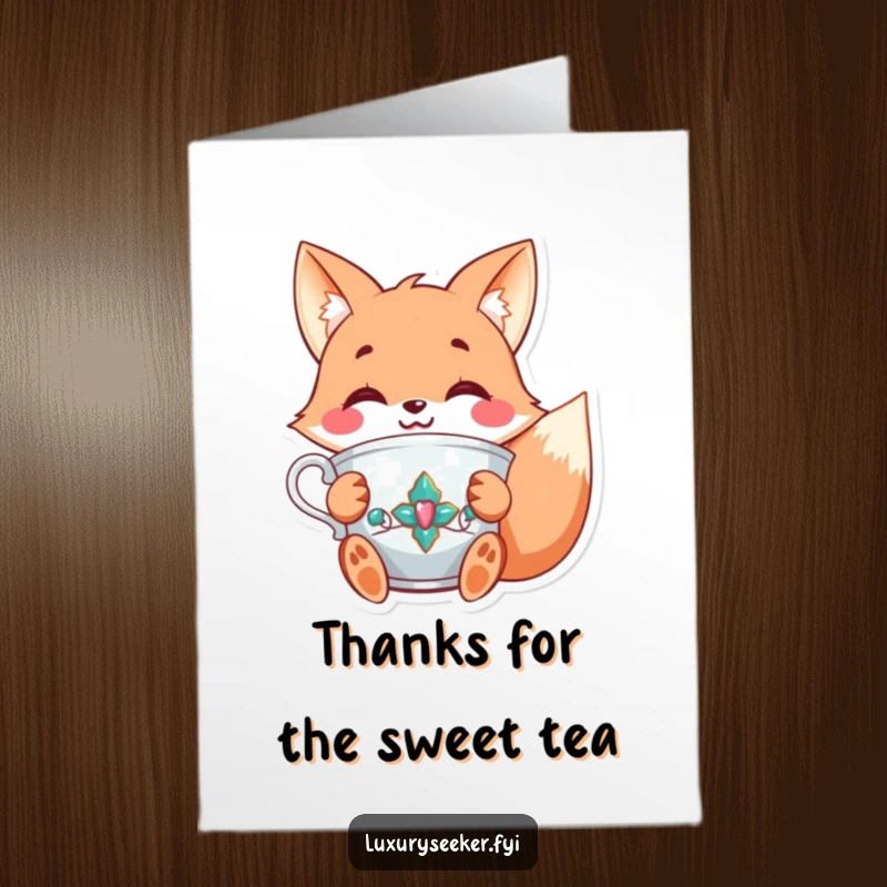 Charming Free Printable Thank You Card: Joyful fox character holding a jeweled teacup, symbolizing refined gratitude.