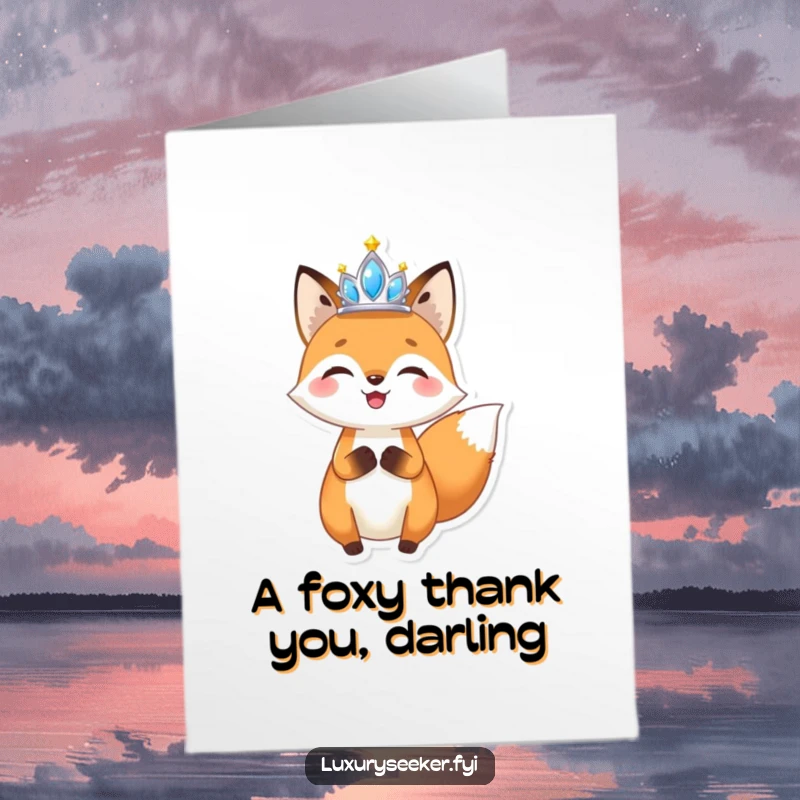 Funny Free Printable Thank You Card of a joyful fox proudly holding a miniature, sparkling tiara aloft.