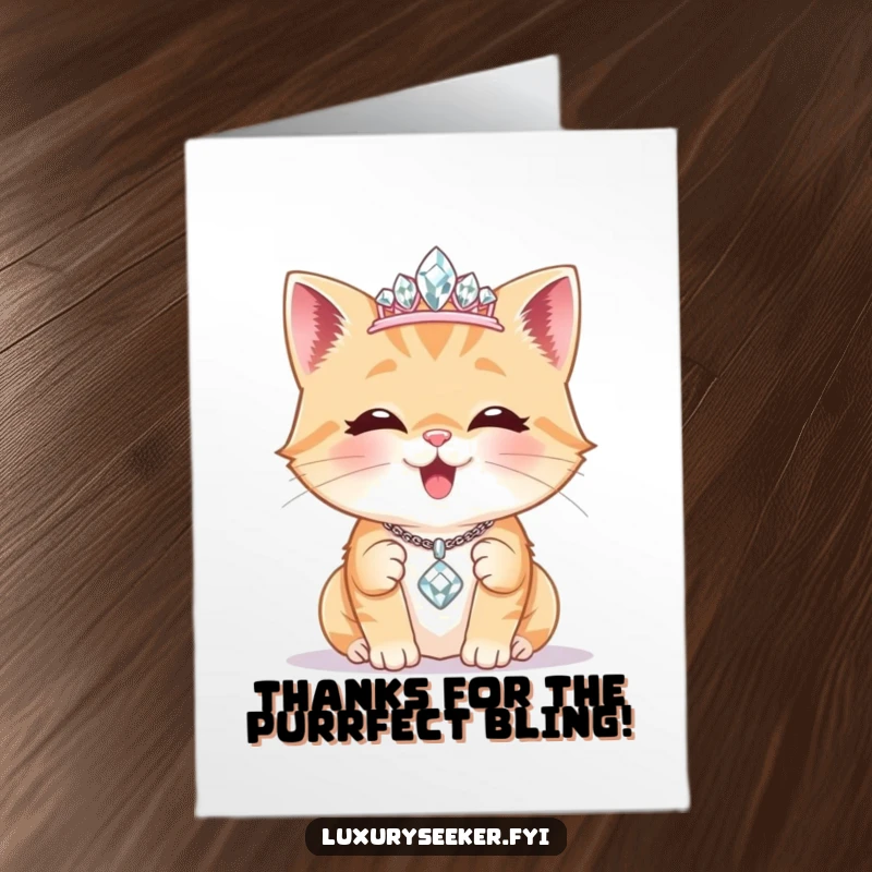 Funny Free Printable Thank You Card: Delighted cat in a tiara admires a necklace, a glamorous and humorous expression of thanks.