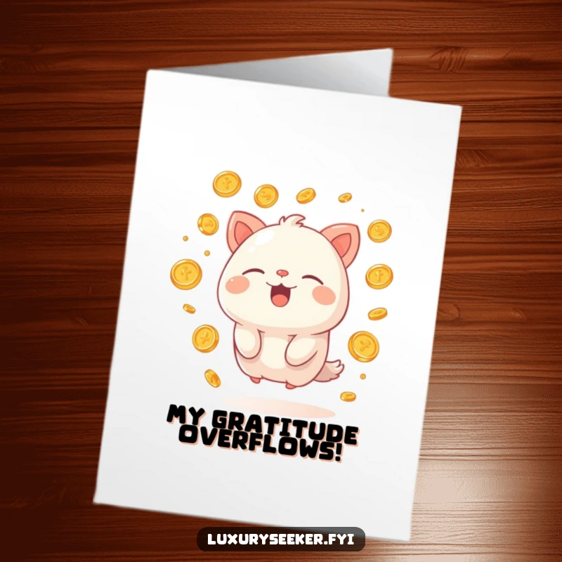Funny Free Printable Thank You Card: A happy creature lets out a contented sigh, surrounded by piles of floating golden coins.