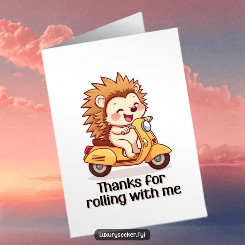 Funny Free Printable Thank You Card: a joyful hedgehog gives thanks from a golden scooter, symbolizing a quick and happy appreciation.