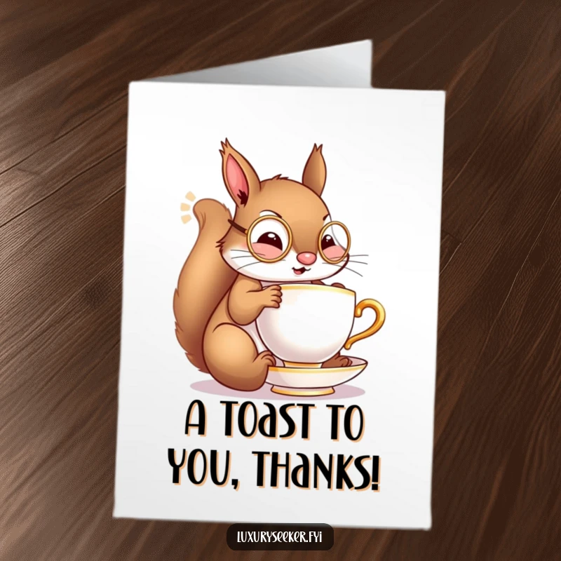 Funny Free Printable Thank You Card: A cheerful squirrel wearing a monocle, politely sipping from a tiny golden teacup.