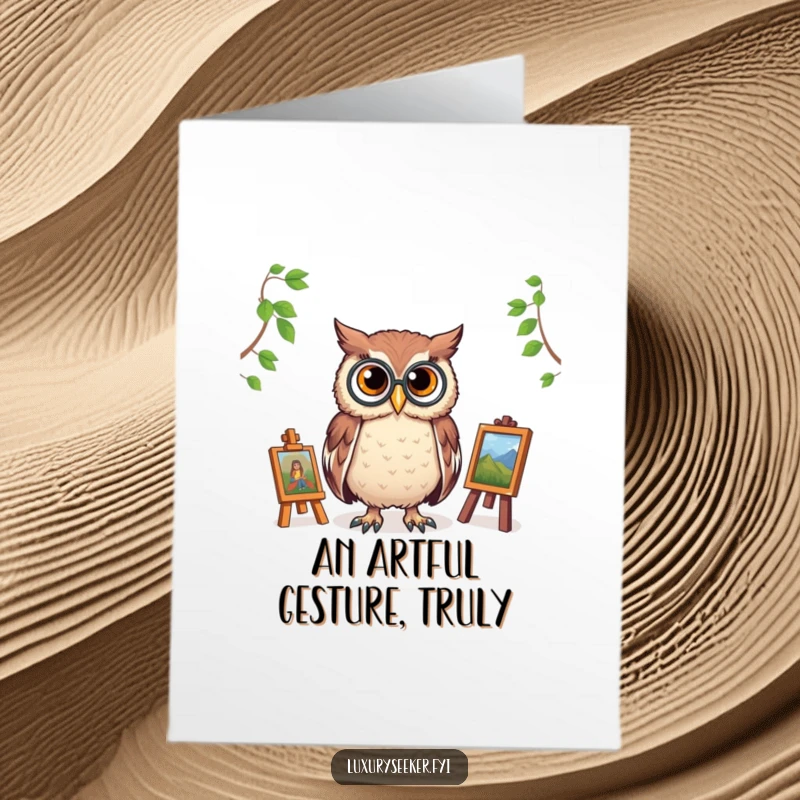 Funny free printable thank you card: A distinguished owl with a monocle gazes at a tiny masterpiece, conveying thanks.