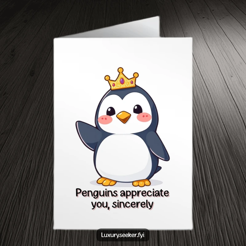 Funny Free Printable Thank You Card featuring a happy penguin in a regal pose, wearing a tiny, sparkling crown.