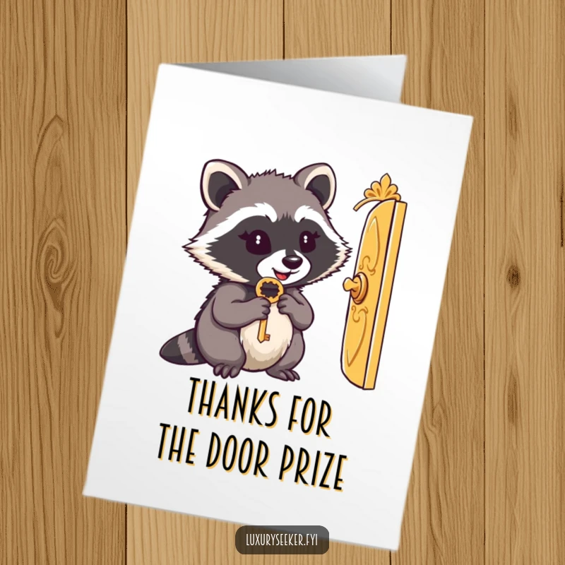 Free Printable Thank You Card: Content raccoon holding an ornate key, looking through a tiny golden door, expressing thanks.