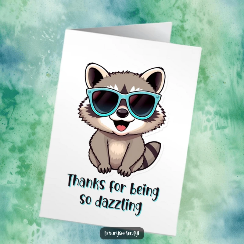 Funny Free Printable Thank You Card: A delighted raccoon wearing oversized diamond sunglasses, radiating cool gratitude.