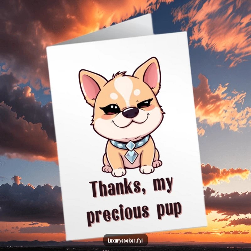 Funny Free Printable Thank You Card: a giggling dog in a diamond collar winks slyly, offering a chic and humorous thank you.