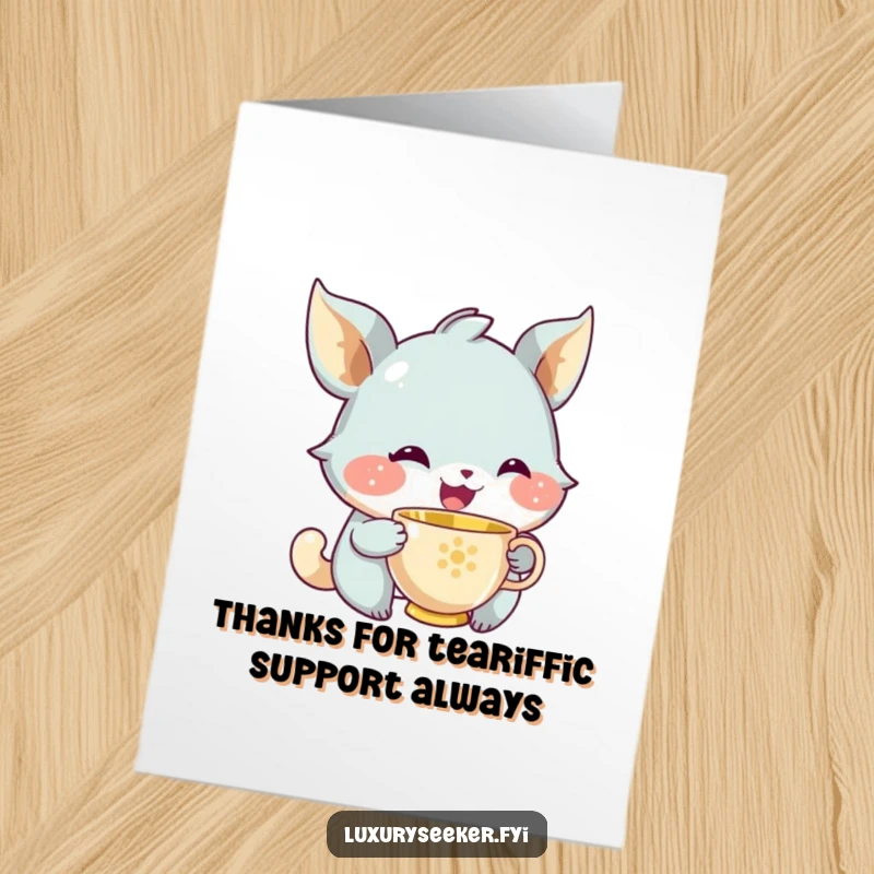 Funny Free Printable Thank You Card: Joyful creature with a knowing smile enjoying a tiny golden teacup, a sweet thank you.
