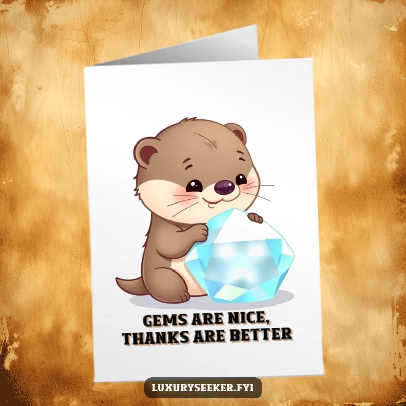 Funny free printable thank you card: a curious otter is overjoyed, examining a large, glittering gemstone, expressing thanks with delight.