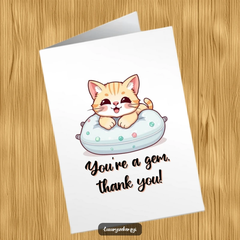 Funny free printable thank you card with a pampered cat relaxing on a luxurious gemstone pillow.