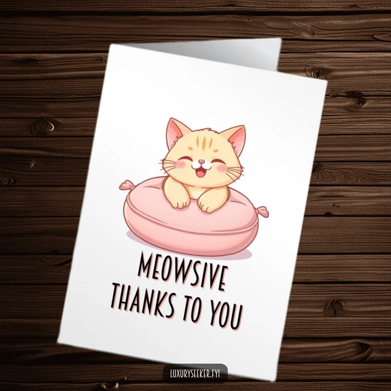 Funny Free Printable Thank You Card: Happy cat lounging on a plush velvet cushion, saying thank you blissfully.