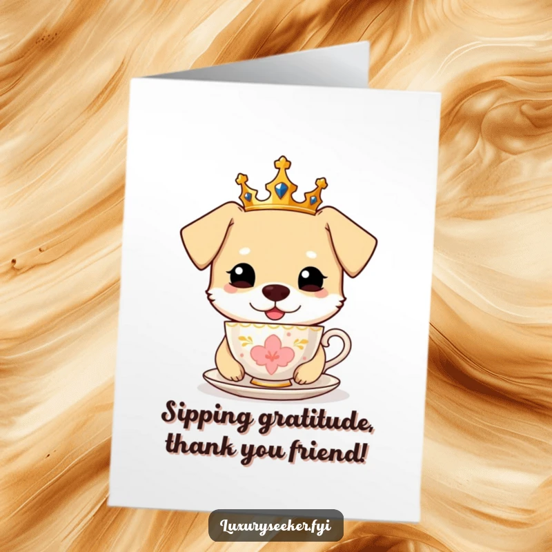 Funny free printable thank you card with a cheerful dog wearing a crown and enjoying tea from a golden cup.