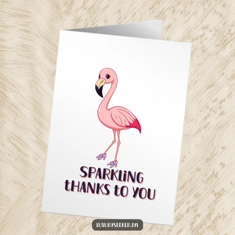 Funny Free Printable Thank You Card: Smiling flamingo posing gracefully in fancy, sparkly shoes, sending thanks with style.