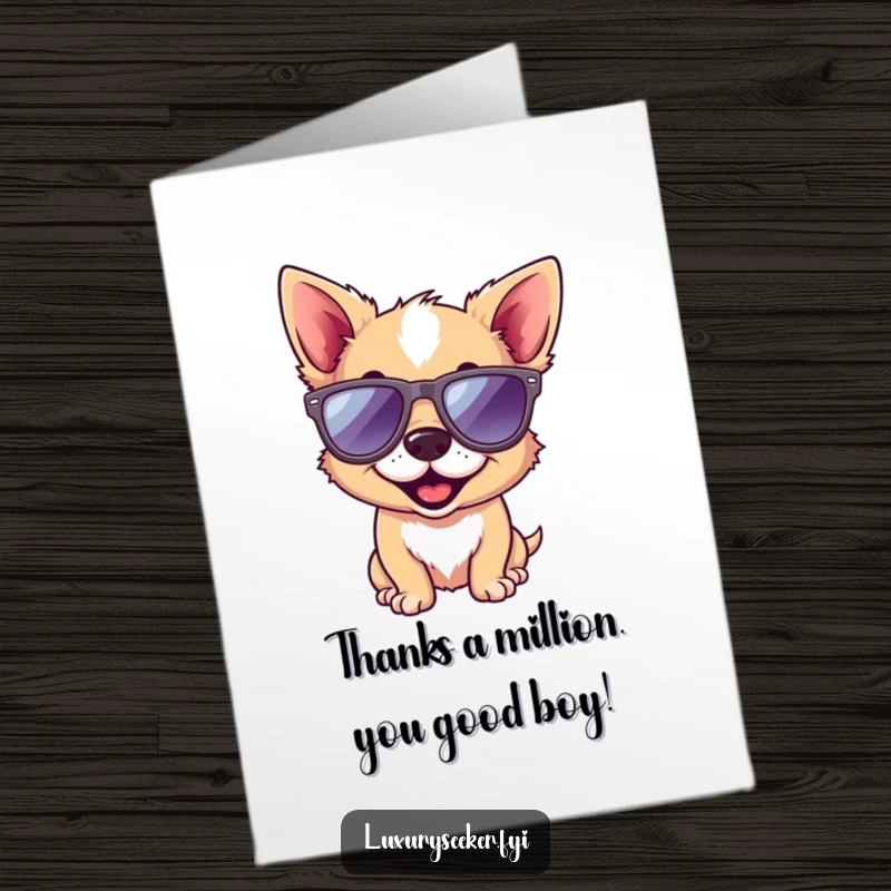Funny Free Printable Thank You Card: A playful dog sporting tiny designer sunglasses, grinning, perfect for expressing thanks.