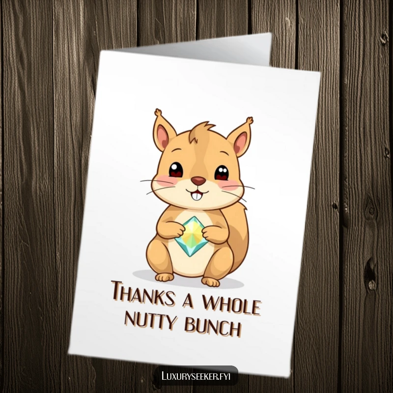 Funny Free Printable Thank You Card: A cheerful squirrel perfectly balancing a shiny, sparkly gemstone right on its nose.