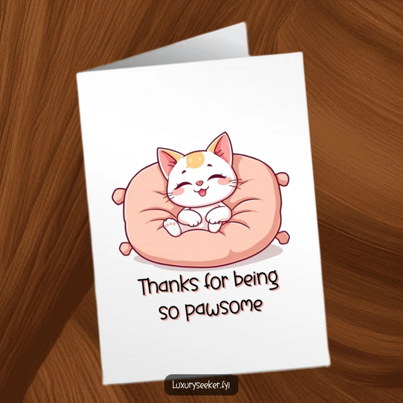 Cute Free Printable Thank You Card: Happy cat character lounging contentedly on a soft, oversized velvet cushion.