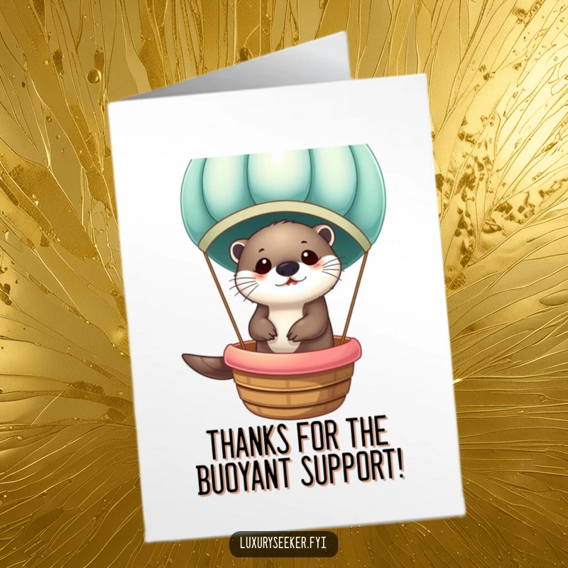 Funny Free Printable Thank You Card: A happy otter travels in a velvety hot air balloon, expressing thanks with charm.