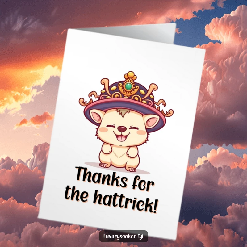 Funny Free Printable Thank You Card: Playful creature with a mischievous grin sporting an excessively large, fancy hat, expressing thanks humorously.