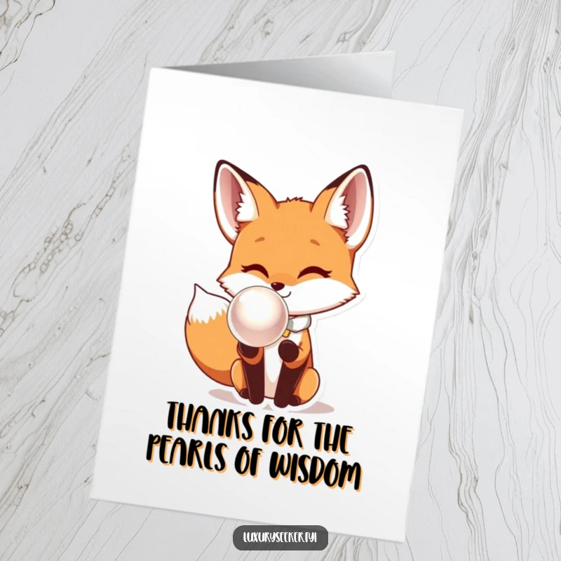 Funny Free Printable Thank You Card: Elegant fox with bow tie examines a lustrous pearl.