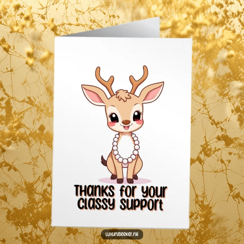 Funny Free Printable Thank You Card: Joyful deer strikes a graceful pose adorned with a pearl necklace, conveying thanks elegantly.