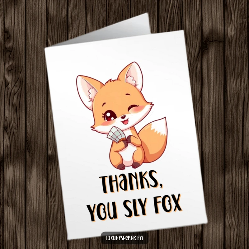 Funny Free Printable Thank You Card showing a happy fox holding a fan and looking over its shoulder.