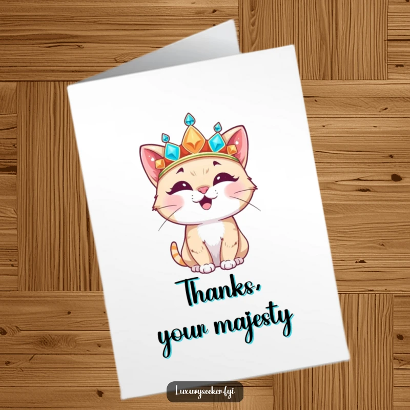 Funny Free Printable Thank You Card: Happy cat wearing a huge jeweled crown, looking amused. Downloadable gift.