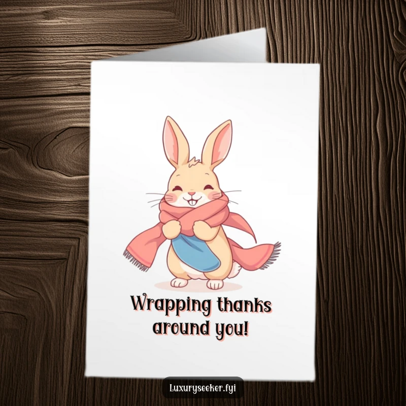 Funny free printable thank you card with a delighted rabbit posing fabulously in a long, flowing silk scarf.