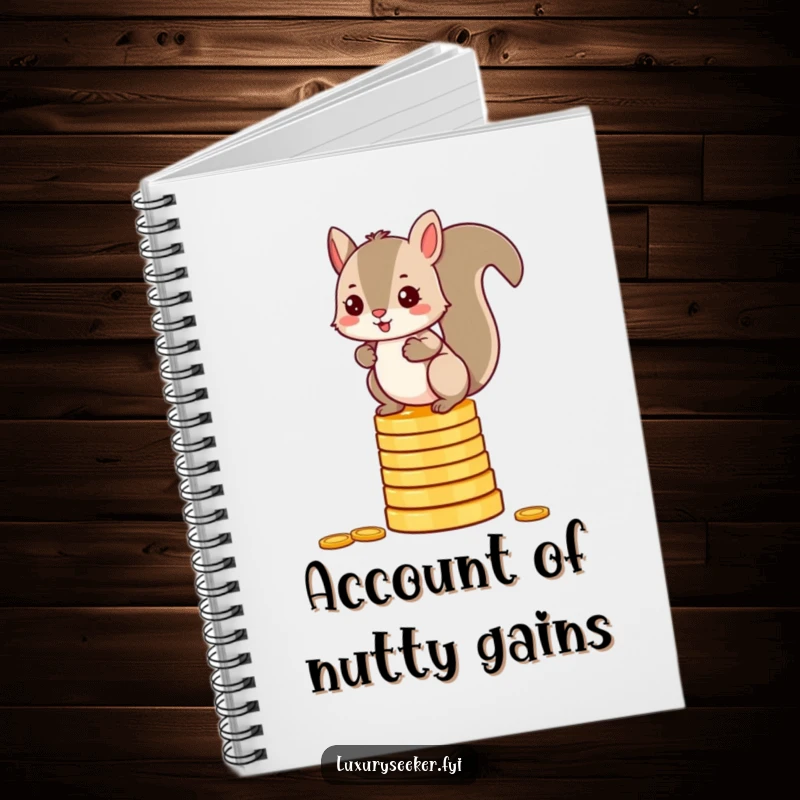 Funny squirrel notebook cover featuring a mischievous character balancing on a stack of gold coins, ideal for jotting down witty ideas.