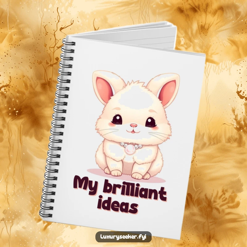 Funny bunny with a pearl necklace on a notebook cover, ready for writing, a funny gift.