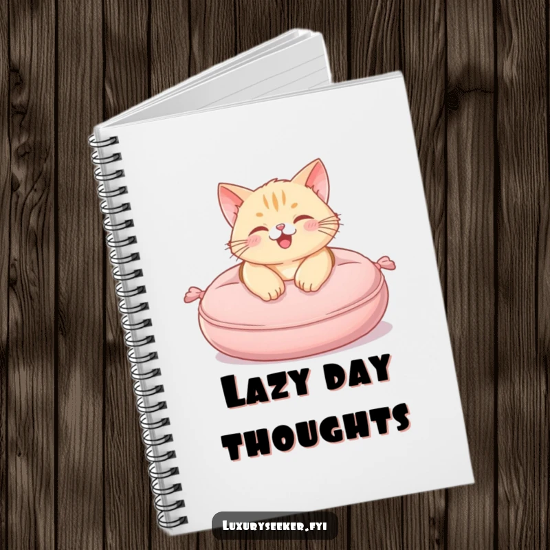 Funny Notebook with a happy cat lounging on a plush, miniature velvet cushion, for cozy journaling.