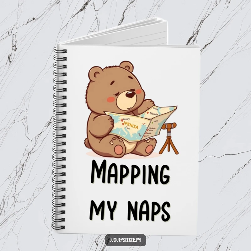Funny notebook cover with a determined bear examining a map, luxury destinations crossed off, inspiring travel plans.
