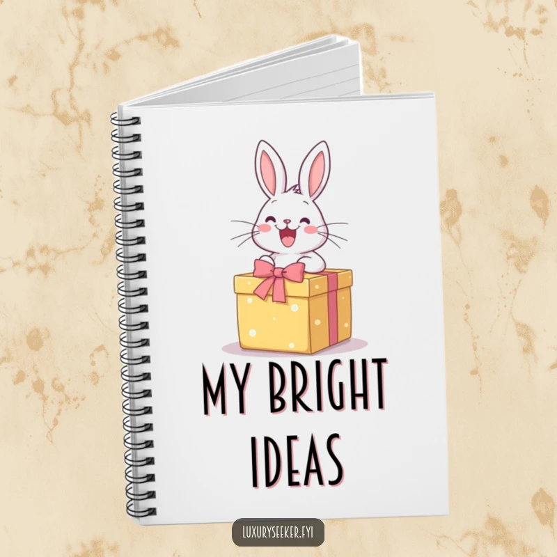 Funny Notebook: A happy rabbit excitedly opens a perfectly wrapped gift box, ideal for note-taking with a touch of joyful anticipation.