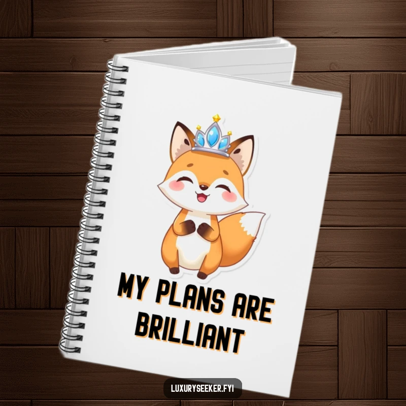 Funny Fox Tiara Notebook: A notebook featuring a joyful fox holding a miniature, sparkling tiara aloft, ideal for jotting down funny or glamorous notes.
