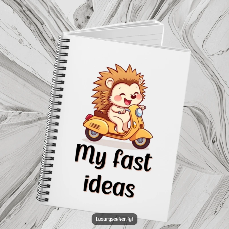 Funny Notebook: A joyful hedgehog confidently rides a tiny golden scooter, a humorous and practical journal for daily notes and creative thoughts.