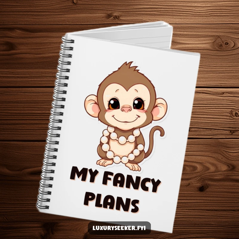Funny Monkey Notebook: A mischievous monkey wears a string of pearls, inspiring the user to fill its pages with funny thoughts and plans.