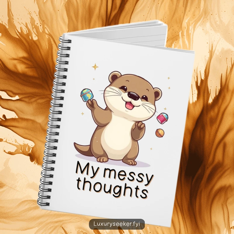 Funny otter juggling miniature objects on a notebook cover, ready for writing, a funny gift.