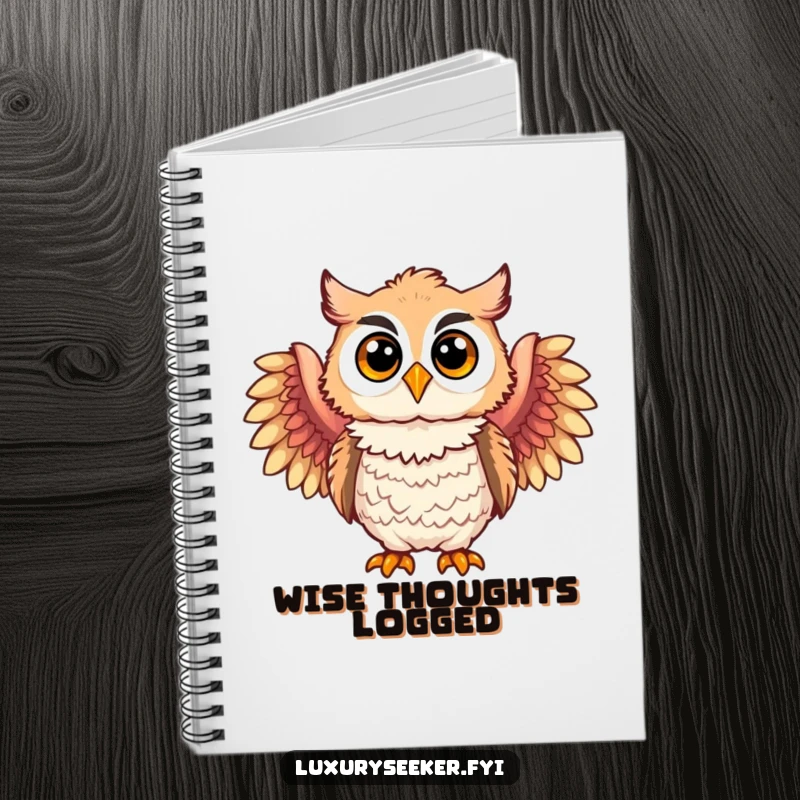 Funny notebook with a joyful owl character wearing elegant feathered boas, perfect for jotting down stylish thoughts and creative ideas.