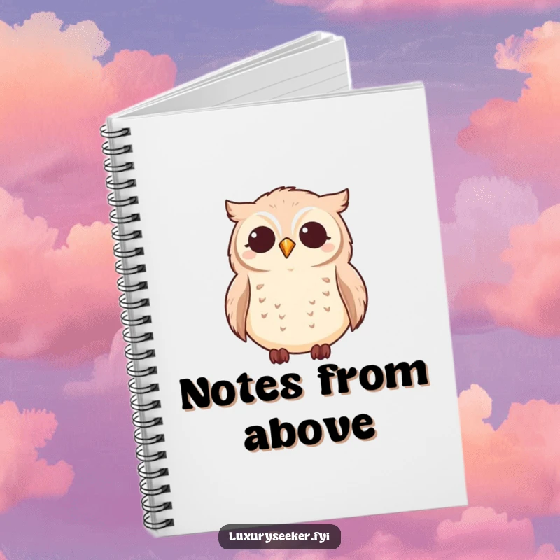 Funny owl looking at stars on a notebook cover, ready for writing, a funny gift.
