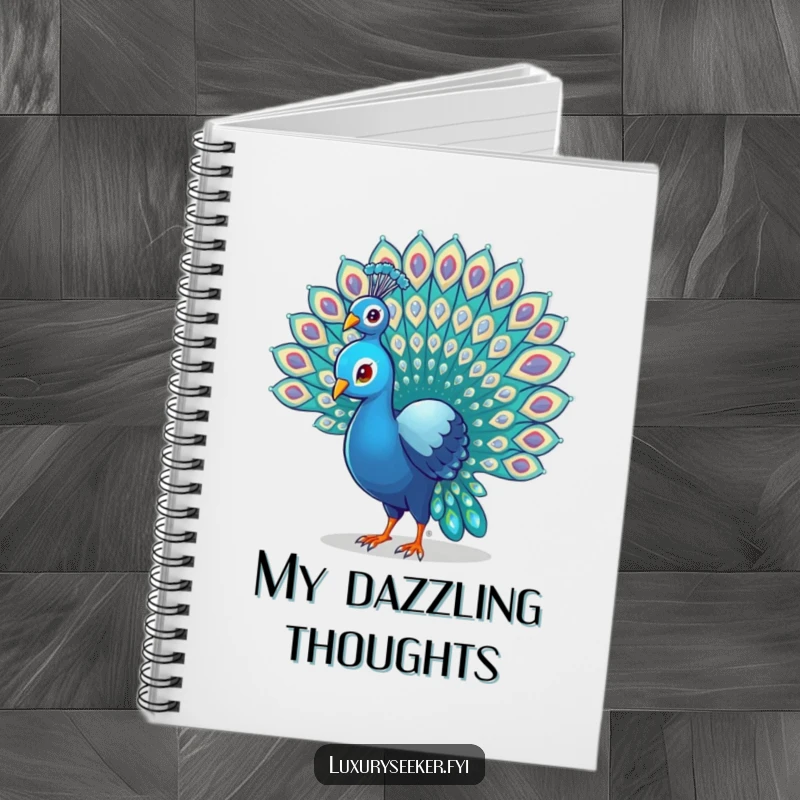 Funny Peacock Notebook featuring a proud bird displaying its gem-decorated tail feathers, inspiring creative and humorous writing.