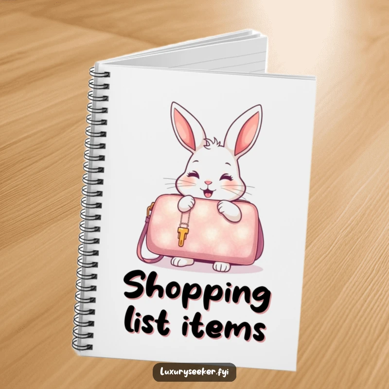Funny Notebook with a delighted rabbit examining a shimmering, oversized handbag, for fashion journaling.