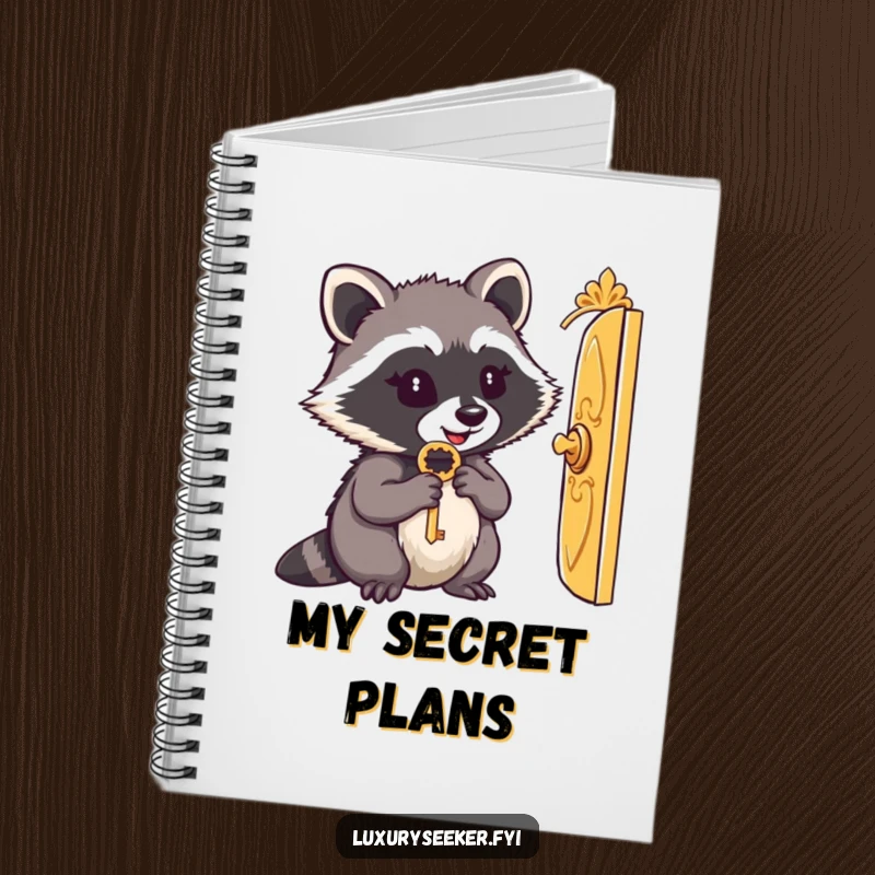Funny notebook: A content raccoon holds a key and looks through a tiny golden door, perfect for notes and doodles.